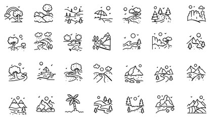 Beautiful Land Views Doodle Icons . vector. editable