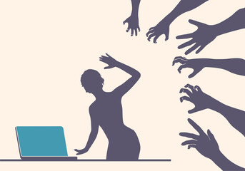 Social concept of sexual assault , domestic violence and harassment. Male hands reaching out to a woman working on laptop in office