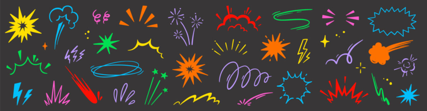 Cartoon comic element speed effect doodle line set. Comic boom motion, explosive energy, line speed cartoon vector graphic icon. Hand drawn cute sketch doodle effect. Vector illustration