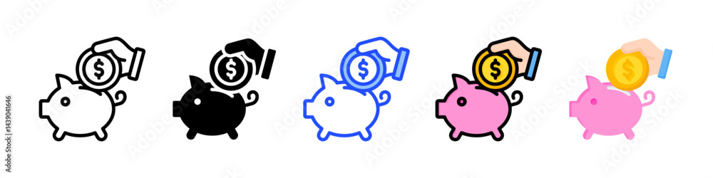Poster piggy bank icon collection with multiple styles