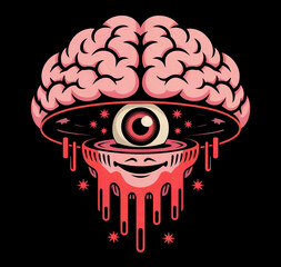 Psychedelic brain with an eye, dripping with blood, graphic design