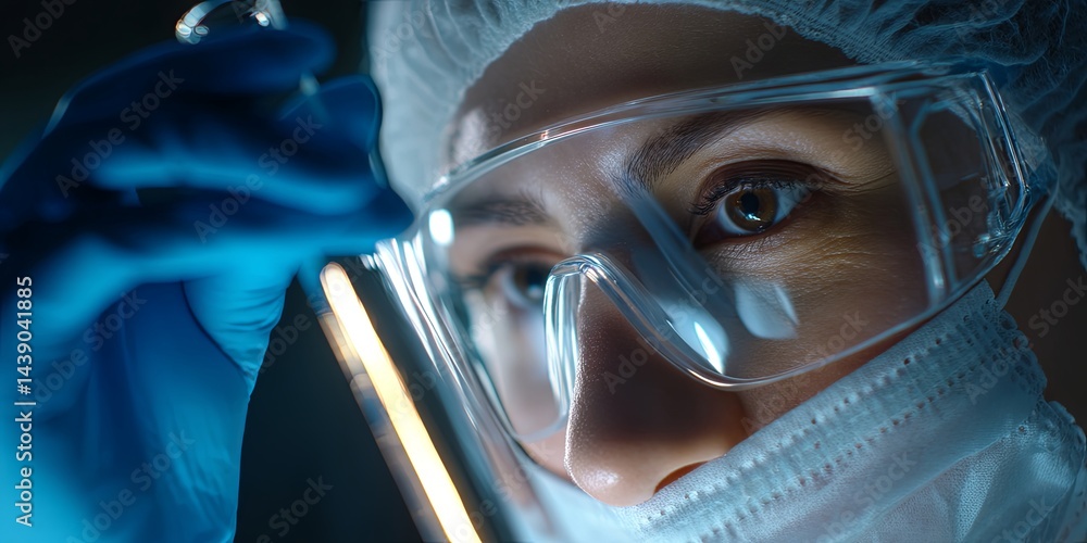 Poster close-up of a female scientist in lab coat and protective gear analyzing test tubes in laboratory en