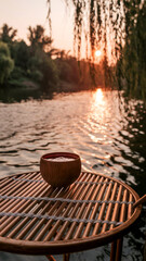 Wooden Cup on a Bamboo Table by a River at Sunset