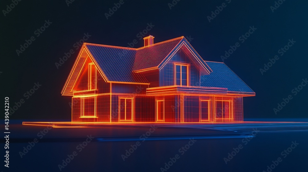 Poster modern architectural design of a house with illuminated wireframe on dark background