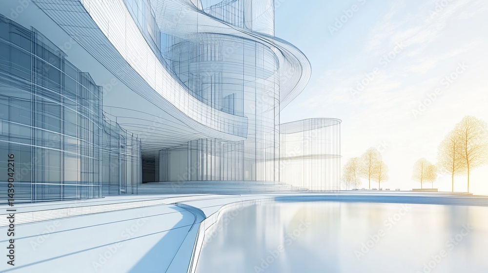 Poster architectural rendering showcasing a modern building with curved glass design and reflecting pool