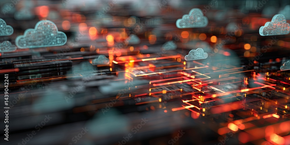 Aufkleber Abstract Digital Code and Data Visualization with Cloud Computing Icons and Technology Background for Modern Web Design and IT Solutions