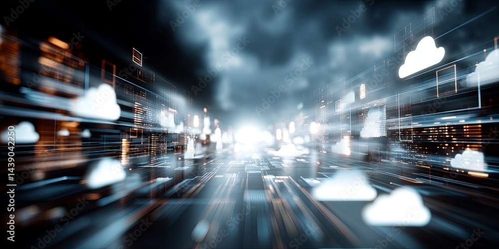 Fototapete Abstract Digital Code and Data Visualization with Cloud Computing Icons and Technology Background for Modern Web Design and IT Solutions