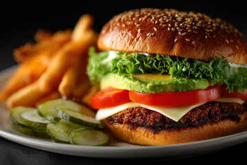 Classic Gourmet Burger Delight: A close-up shot of a mouthwatering gourmet burger, complete with fresh vegetables, cheese, and a side of golden-brown French fries, a perfect food
