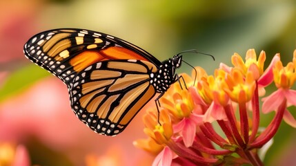 Fototapeta premium Vibrant monarch butterfly on a cluster of blossoms.