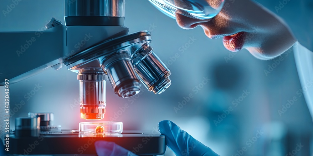 Poster focused scientist examining specimen with microscope in modern laboratory, showcasing research and d