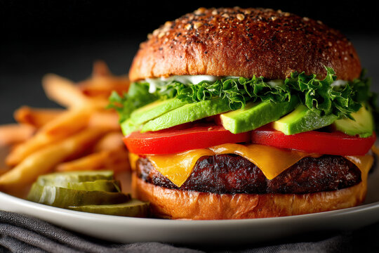 Gourmet Burger: A delicious gourmet burger with fresh avocado, juicy tomato, and melted cheese, served with crispy french fries. A culinary delight!