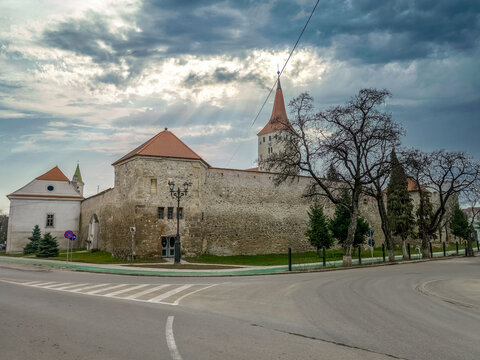 Smith guild bastion, Aiud Nagyenyed fortified protestant church in Romania with walls and towers in the middle of the town