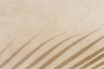 Soft shadows of tropical palm leaves on textured concrete background neutral beige colored. Summer travel, vacation, spa concept. Minimal style photography, summertime aesthetic backdrop copyspace