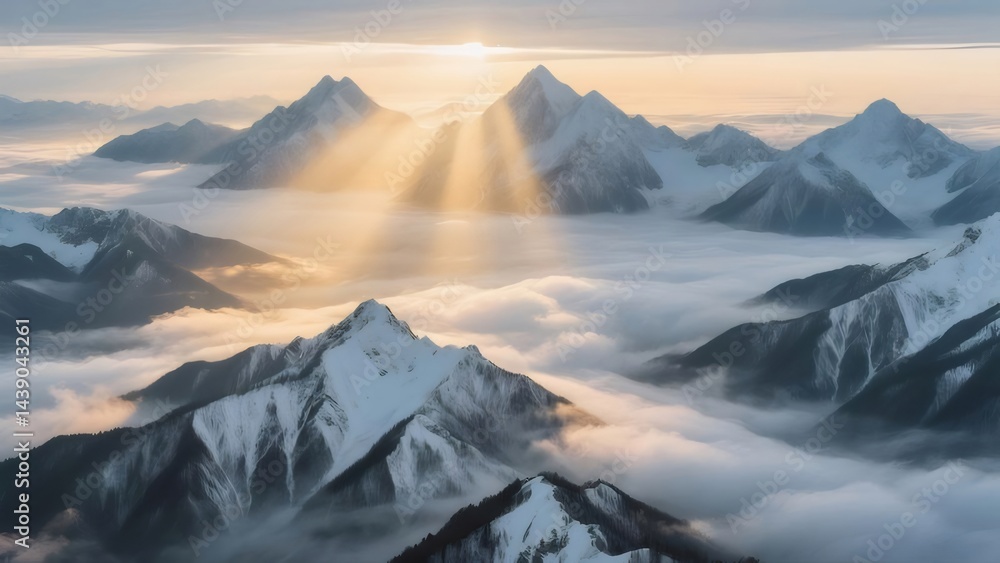 Poster 雪山から光線が差し込む雲海の風景 太陽が地平線上に現れ 自然の美しさを表現