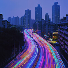 Fototapeta premium The highway car rainbow light trails of modern city buildings 