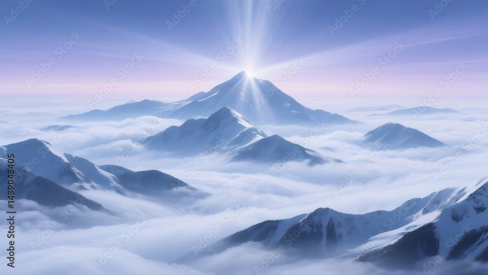 Poster 山頂から降り注ぐ神々しい光と雲海の風景 青と白の幻想的なパノラマビュー
