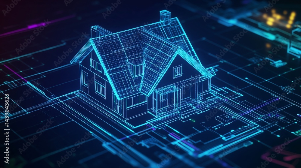 Poster 3d rendering of a house blueprint with glowing lines and geometric shapes on dark background