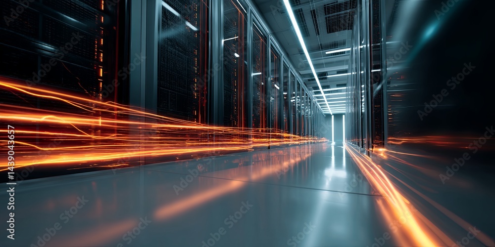 Poster Futuristic data center with glowing lines representing digital connections and high-speed data transfer in a modern technology environment