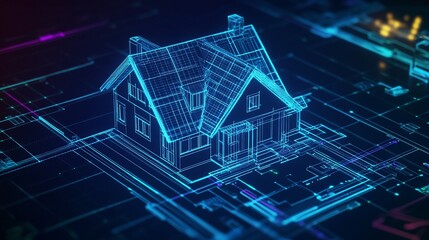3D rendering of a house blueprint with glowing lines and geometric shapes on dark background