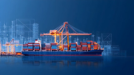 Obraz premium Port terminal with smart container cranes, automated stacking, dynamic water reflections, 3D isometric flat vector, navy blue sea color scheme, white background, wide angle