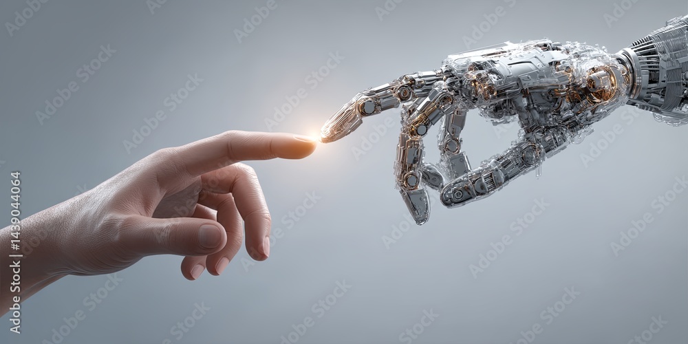 Aufkleber human hand reaching towards futuristic robotic hand in a symbolic connection of technology and human