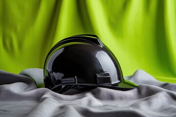 Protective dark safety helmet on a draped surface.