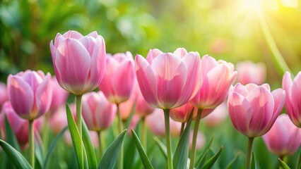 Delicate Soft Focus Pink Tulip Blooms in a Garden, greenery, garden,  greenery, garden, delicate petals