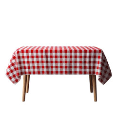 Red and white checkered tablecloth draped on rectangular table, isolated on clear background. --v 7.0
