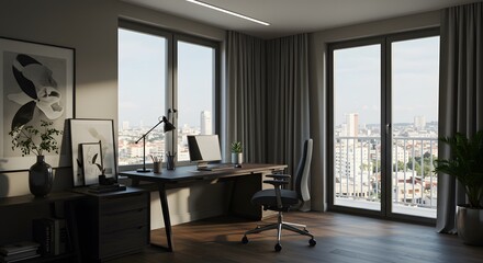 Modern Home Office Interior with Desk, Chair, Laptop and City View