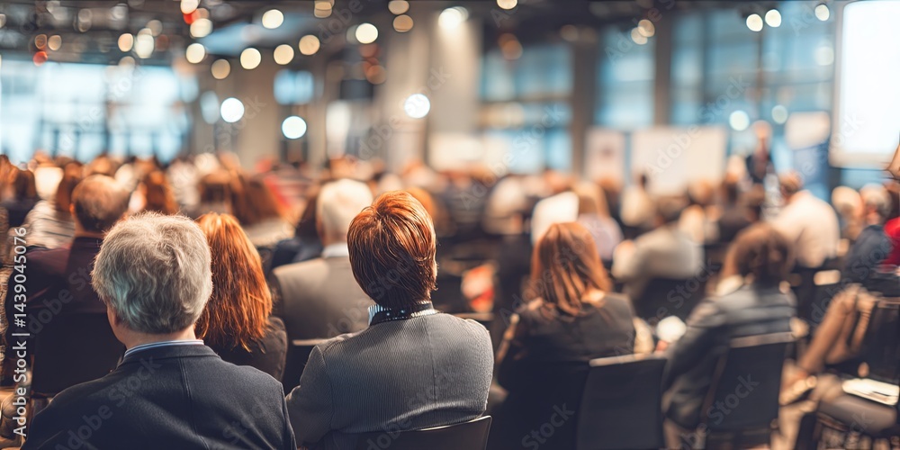 Poster professional business conference setting with engaged audience attending presentation in modern offi