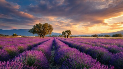 Obraz premium Lavender field bathed in golden sunset light.