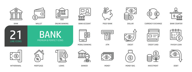 Set Of Bank Line Icons. Contains such icons as Withdrawal, Online Banking, ATM, Savings, Loans, Mortgage, Investment, Mobile Banking, Credit Card, Interest, Statement, Bank Transfer, and more.