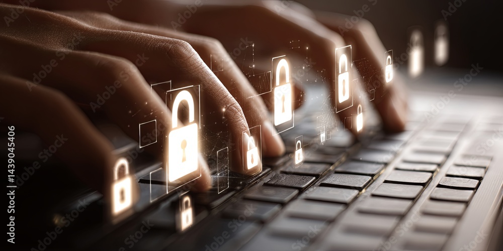 Leinwandbilder Hands Typing on Laptop Keyboard with Overlay of Digital Lock Icons Representing Cybersecurity and Data Protection Concepts in Modern Technology Environment