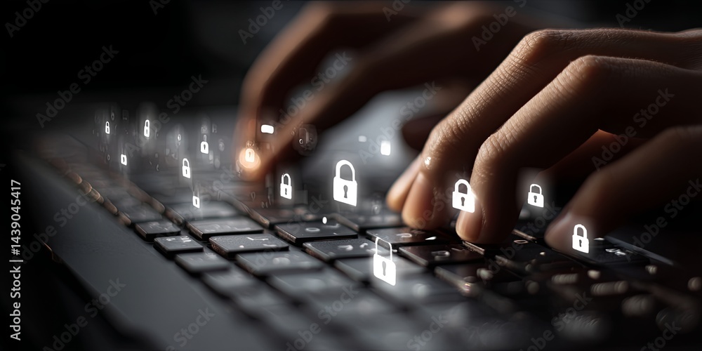 Poster Hands Typing on Laptop Keyboard with Overlay of Digital Lock Icons Representing Cybersecurity and Data Protection Concepts in Modern Technology Environment