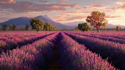 A picturesque lavender field at sunset, with distant mountains.