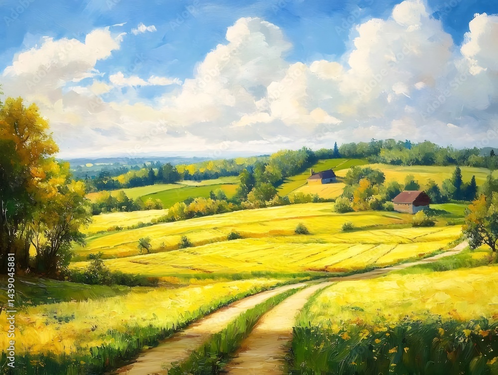 Aufkleber 晴れた夏の日の絵画風の風景画 黄金色の草原に続く小道と丘の上の家々