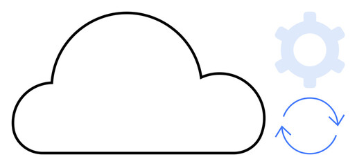 Simplistic cloud outline next to a gear and circular arrows, representing online storage, synchronization, data processing. Ideal for technology, cloud computing, workflow, software, automation