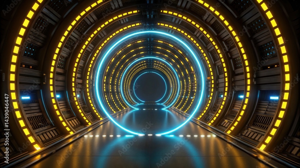 Poster abstract gradient science technology and medical. futuristic tunnel with glowing blue and yellow lig