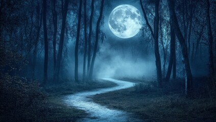 Obraz premium Enchanted Moonlight Path: A Mystical Forest Walk Under a Full Moon