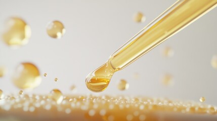 Golden oil droplet falling, close-up, beauty product