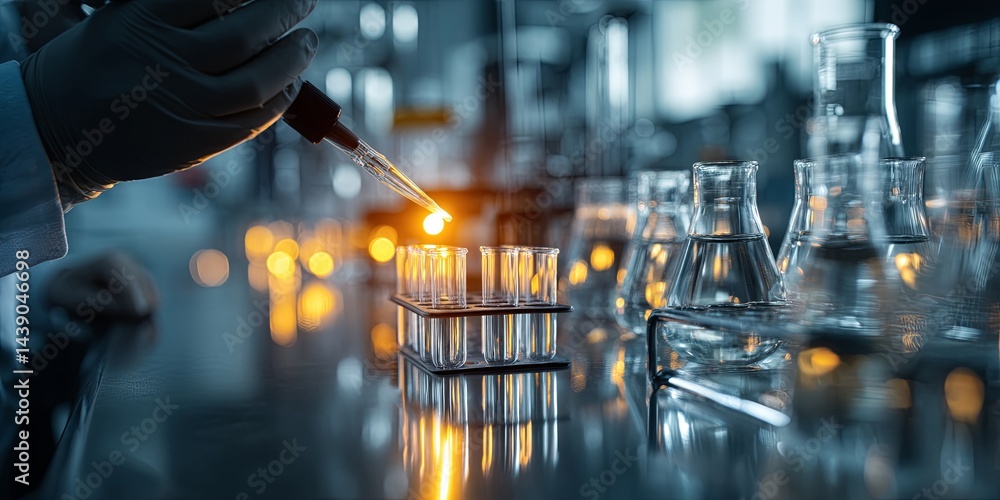 Poster laboratory research scene with test tubes, pipette, and scientist working on analysis in modern faci