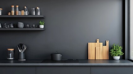 Modern, minimalist kitchen design with dark gray accents.