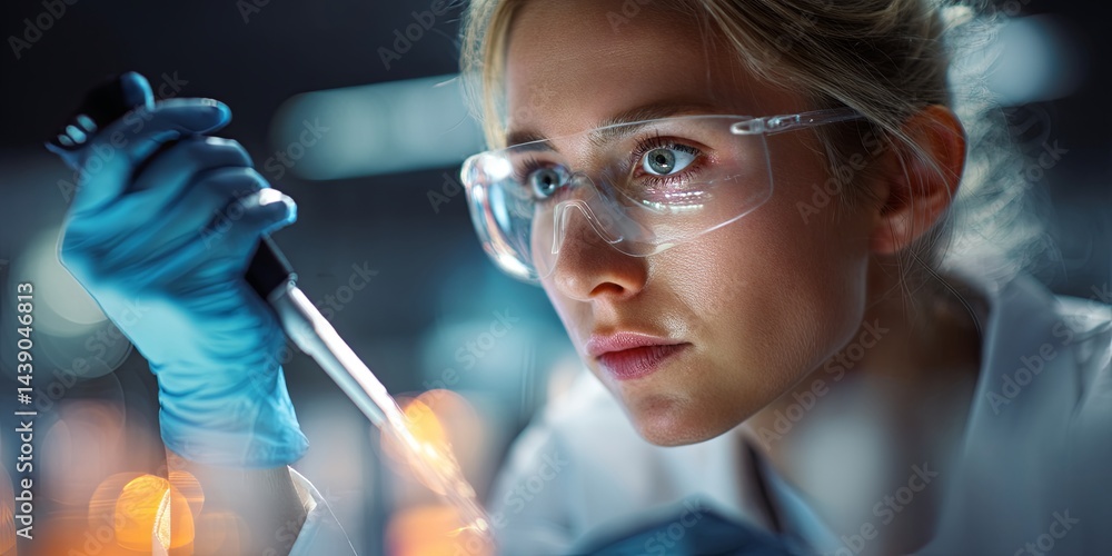 Poster female scientist in laboratory conducting research with pipette while wearing protective gear and a 