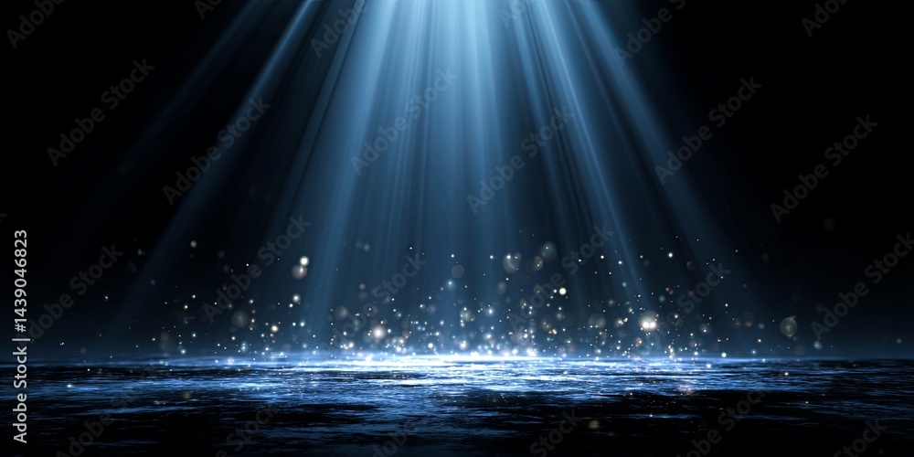Poster mystical blue light rays and sparkles emanating from a sparkling surface in a dramatic dark backgrou
