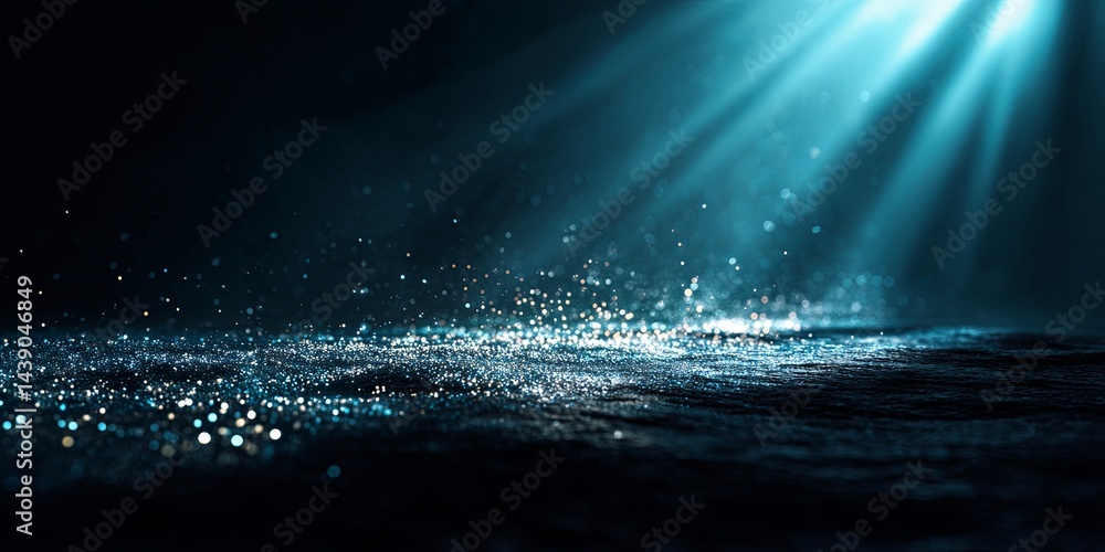 Poster mystical blue light rays and sparkles emanating from a sparkling surface in a dramatic dark backgrou