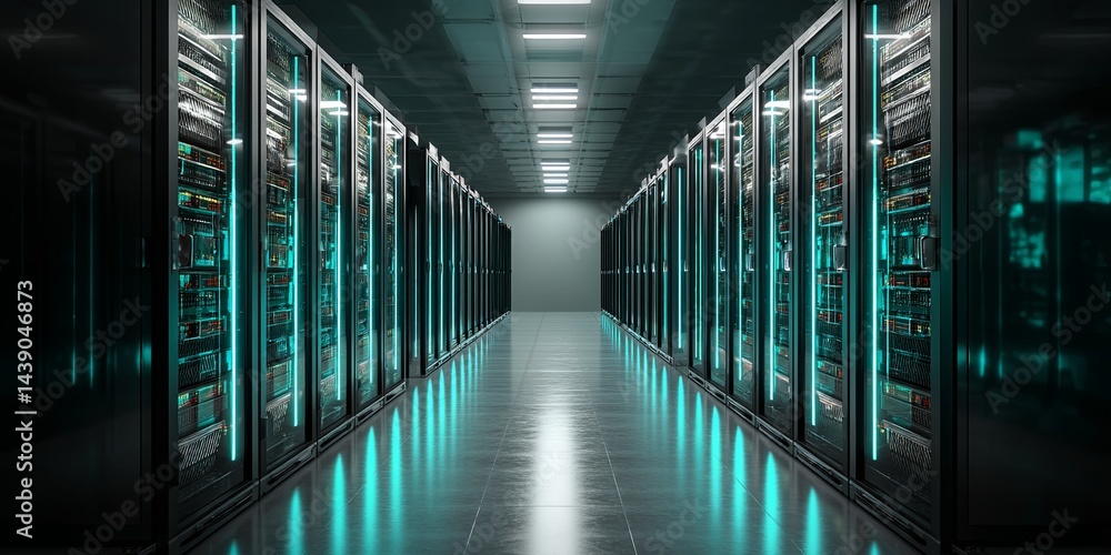 Poster Dark Server Room with Rows of High-Tech Data Storage Units, Illuminated Panels, Modern Technology Environment, Digital Computing Infrastructure