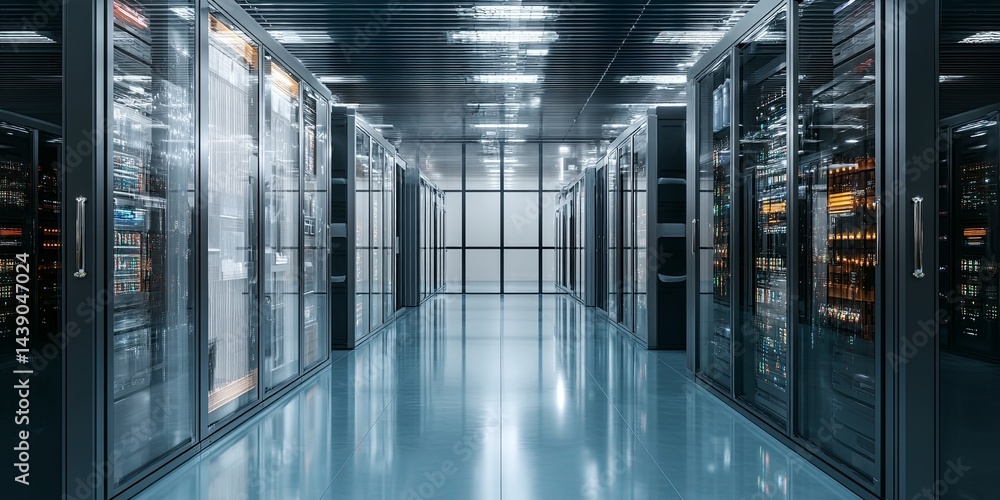 Poster Modern Data Center Interior with Rows of Technology Racks and Servers in a Clean, High-Tech Environment for IT Infrastructure Management