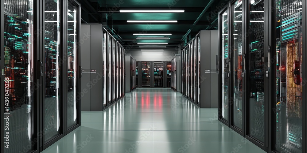 Poster Modern Data Center Interior with Rows of Technology Racks and Servers in a Clean, High-Tech Environment for IT Infrastructure Management
