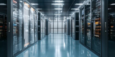 Modern Data Center Interior with Rows of Technology Racks and Servers in a Clean, High-Tech Environment for IT Infrastructure Management
