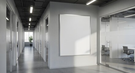 Blank Poster Frame Mockup in Modern Office Corridor